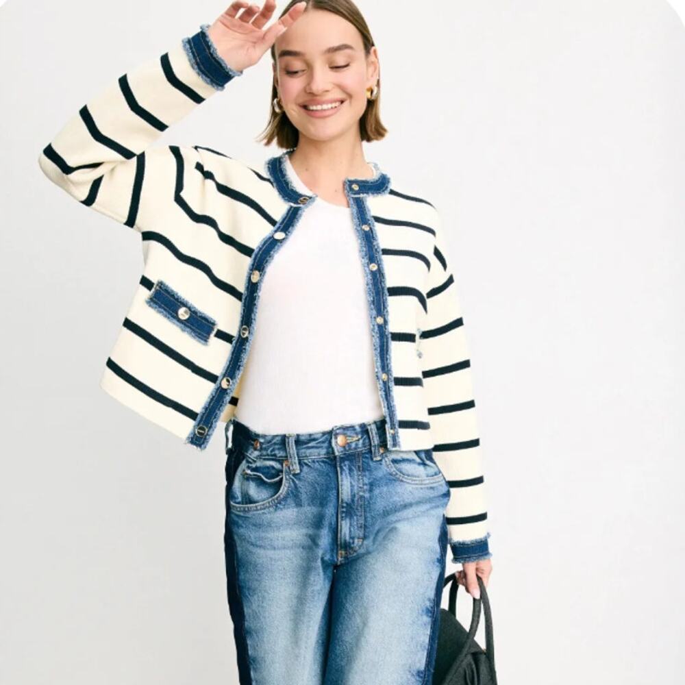 Sandro White Blue Stripe Cardigan SIZE 4  Lady Jacket Denim Preppy Designer $368